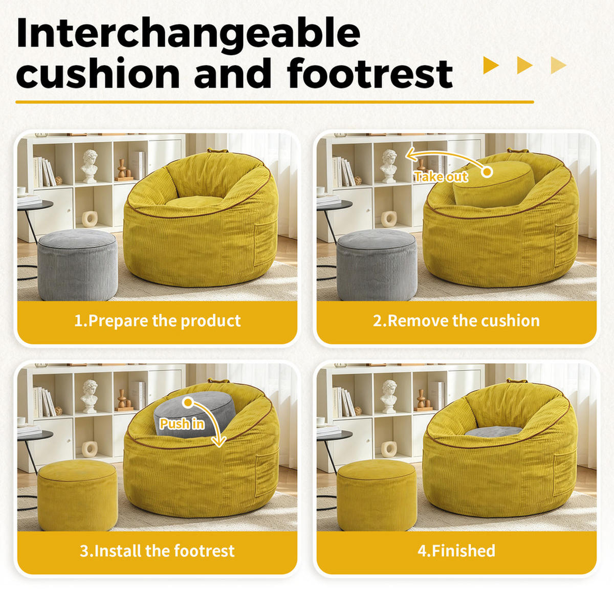 SITZSACK 103 x 95 x 80 cm mit Fußhocker - Gelb, Textil (95/35.5/103cm) - Raelunyi
