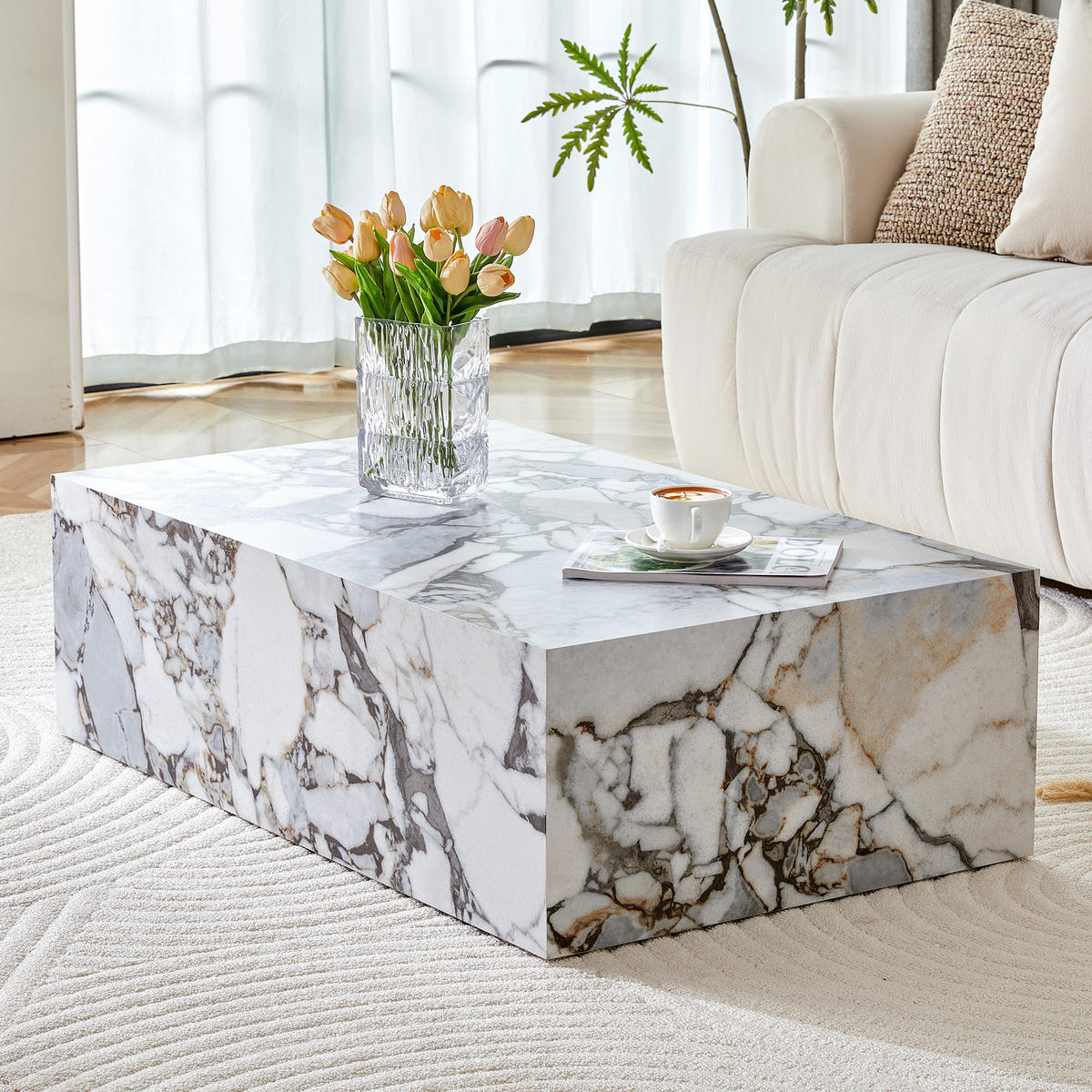 COUCHTISCH 90/50/30 cm weiß aus MDF mit Marmoroptik ohne Montage - Weiß, Holzwerkstoff (90/50/30cm) - OKWISH