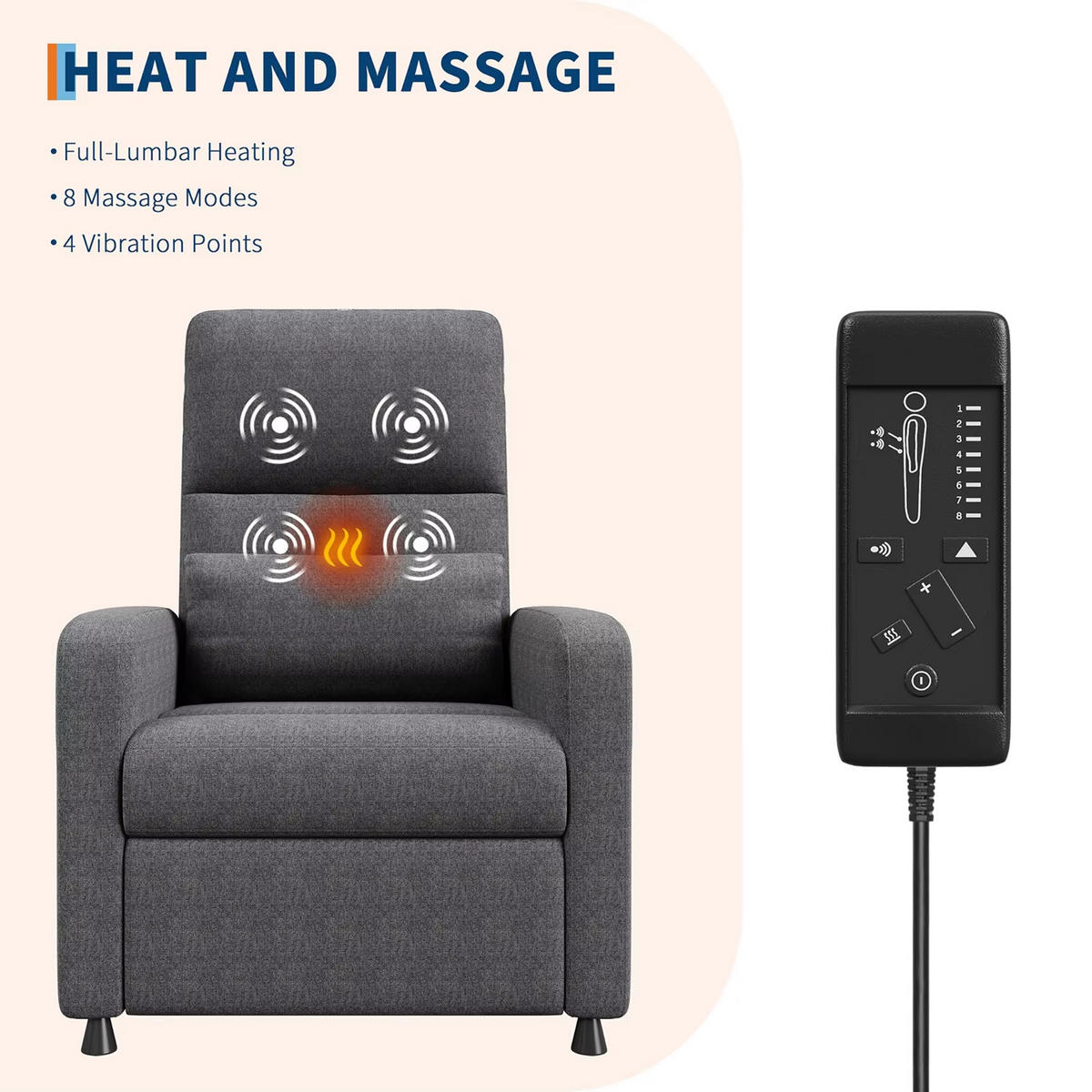 RELAXSESSEL elektrisch Massage Wärme USB Rückenlehne - Grau, Textil (67/108/74cm) - Kaket