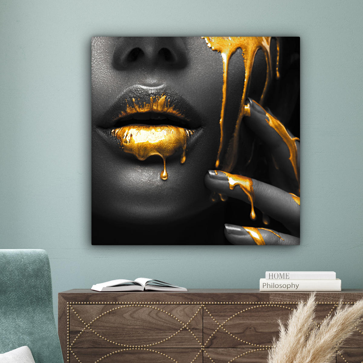 LEINWANDBILD Frau - Schwarz - Gold - Gesicht - Lippen Deko Groß 90x90 cm - Goldfarben, Textil (90/90cm) - MuchoWow