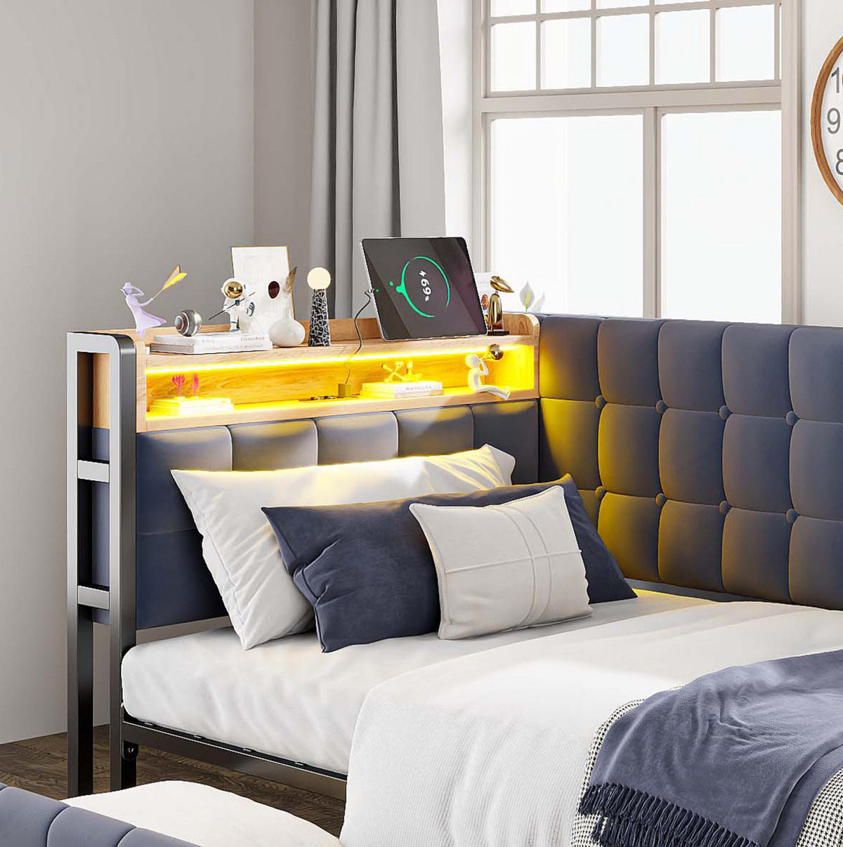 POLSTERBETT 90/200 cm Grau aus Stoff mit 2 Schubladen - Grau, Textil (90/200cm) - OKMYHOME