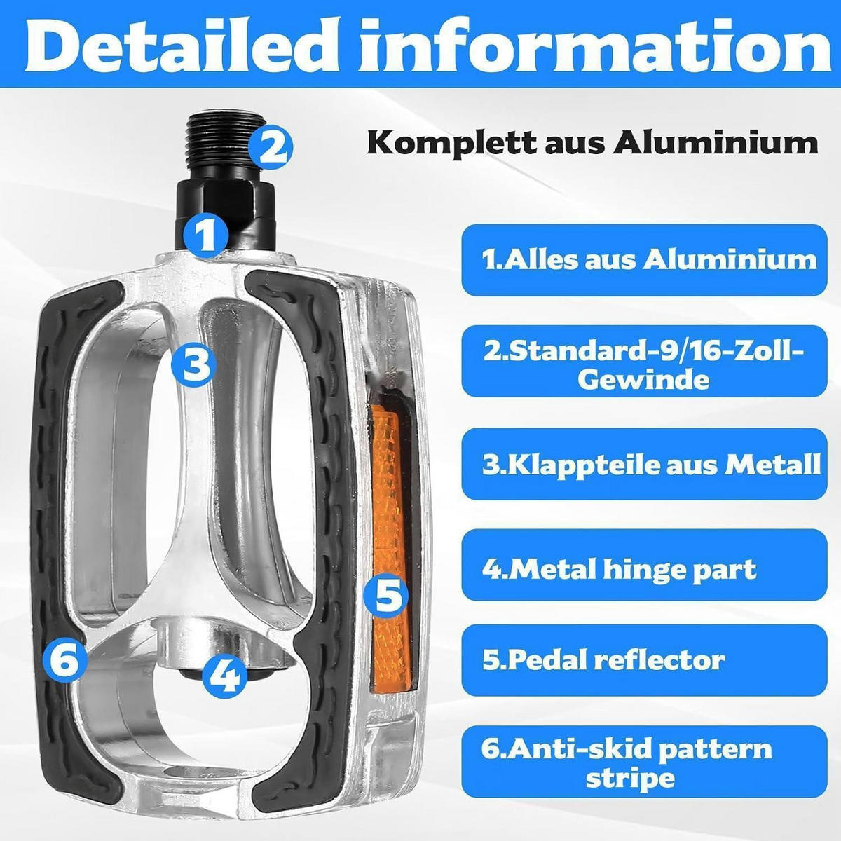 FAHRRADPEDALE 2-teiliges Set mit Reflektoren rutschfest Aluminium 9/16 Zoll - Silberfarben, Metall (6.8/2.5/9.5cm)