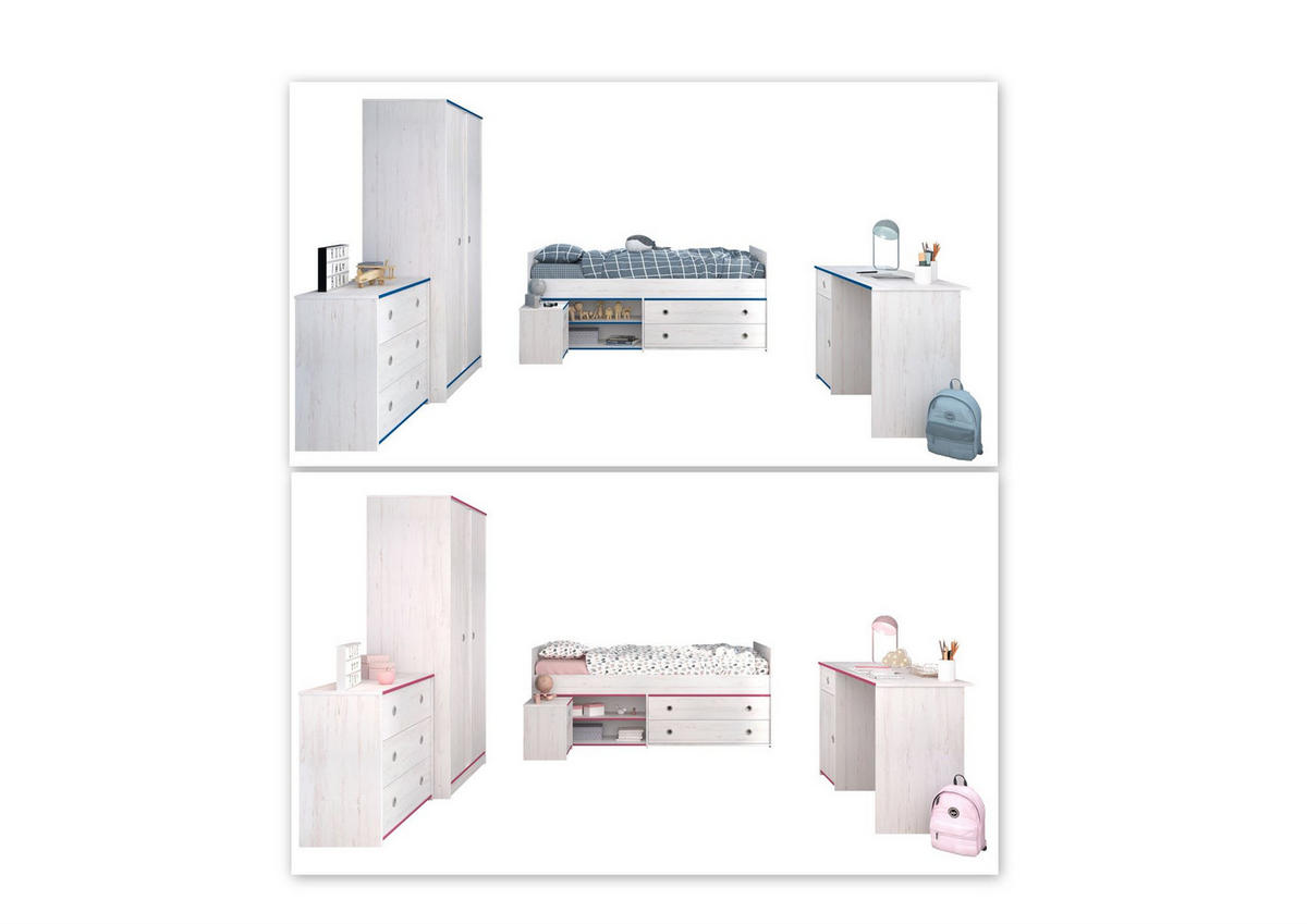 KINDERZIMMER-SET Pabloma 36b 5-tlg. Holznachbildung Kiefer Weiß/Pink - Pink/Weiß, Kunststoff (100/1/200cm) - 58aufmkessel