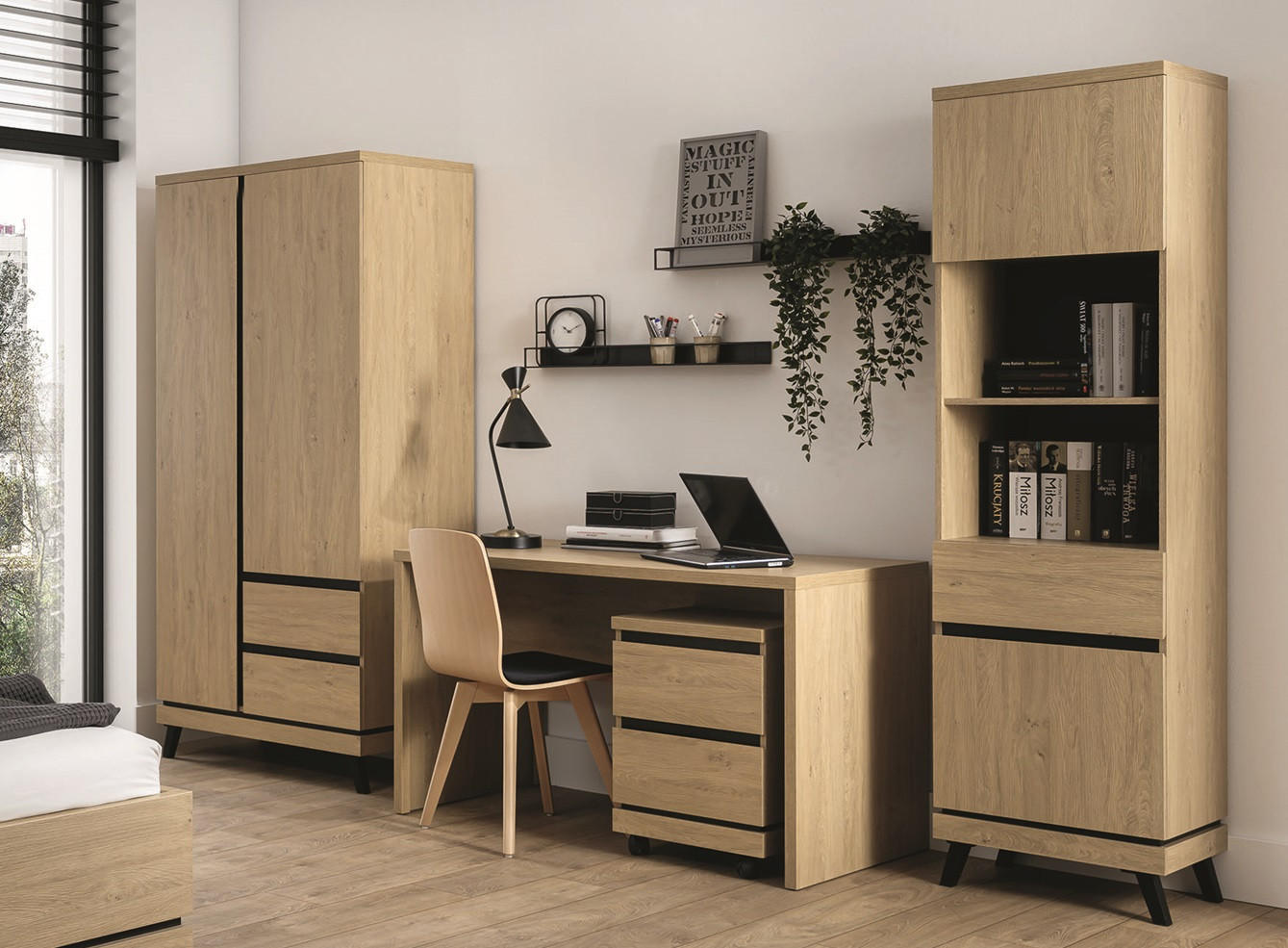 JUGENDZIMMER Art Set A - Steineiche / Schwarz 4-tlg. - Eichefarben/Schwarz, Holzwerkstoff/Kunststoff (92/197/54cm) - QMM TraumMöbel