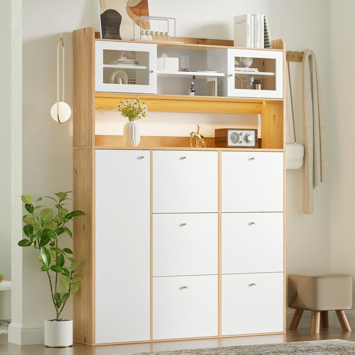SCHUHSCHRANK 130x25x180cm mit Glas, LED und 6 Klappen - Weiß/Naturfarben, Holzwerkstoff (130/180/25cm) - FLIEKS