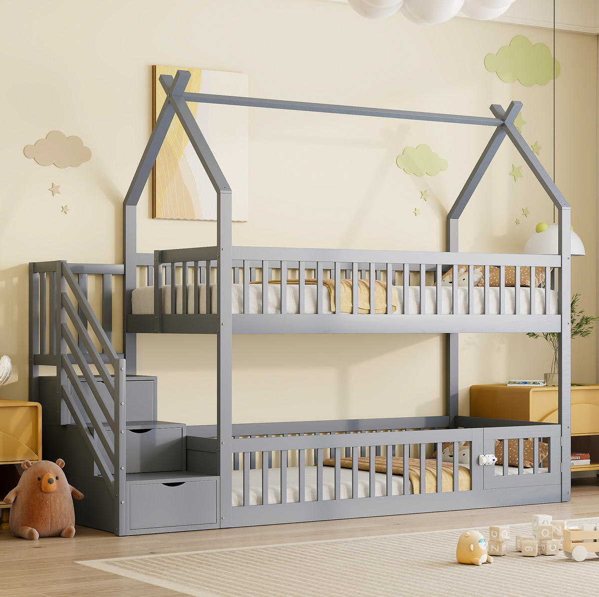 POSCHODOVÁ posteľ 90/200 cm sivá s úložnými schodmi a strechou z masívneho dreva - sivá, drevo (90/200cm) - OKWISH