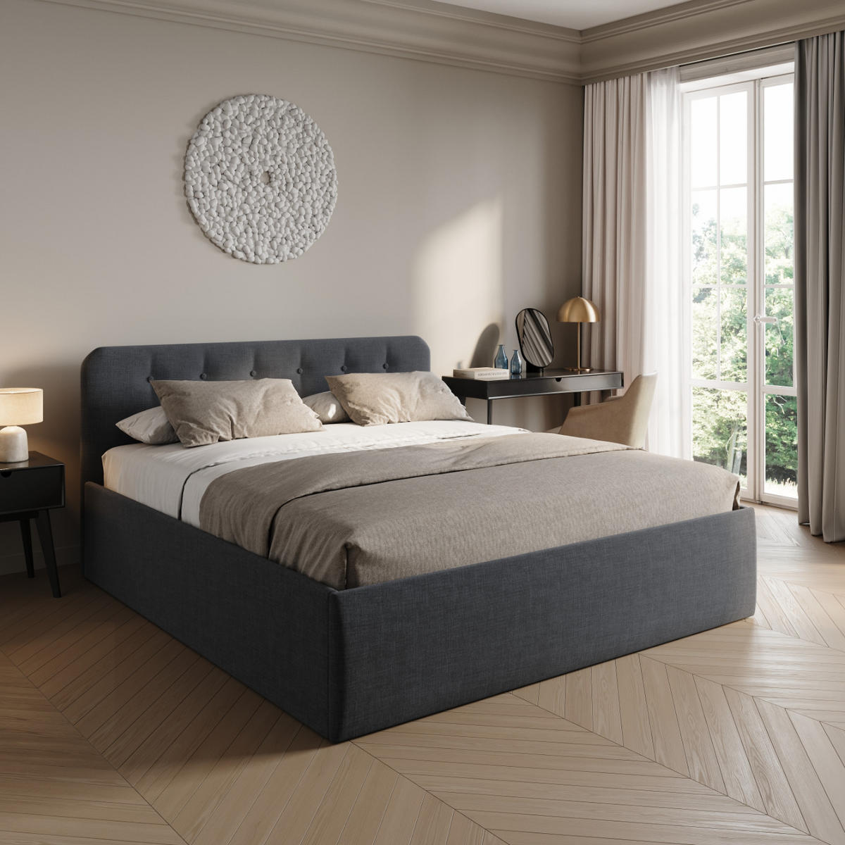 POLSTERBETT mit verstellbarem Lattenrost & Bettkasten, Bonnell-Matratze, 180 x 200 cm in Anthrazit - Anthrazit, Holzwerkstoff/Textil (180/200cm) - Home Collective