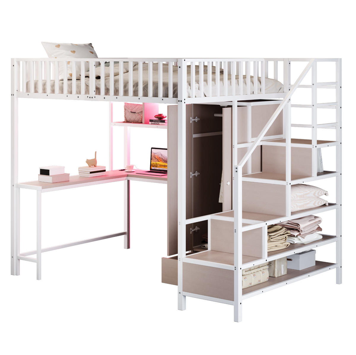 HOCHBETT 140/200 cm aus Metall/MDF mit Schreibtisch, Kleiderschrank und LED-Beleuchtung Weiß - Weiß, Metall (140/200cm) - Modenvie