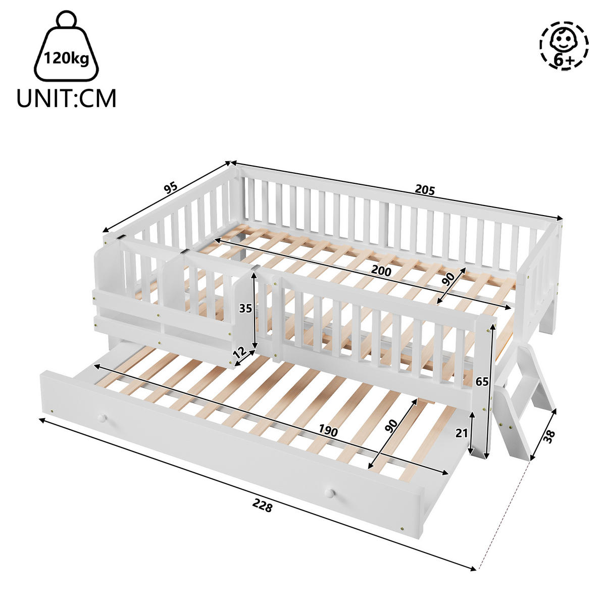KINDERBETT 90/200 cm in Weiß mit Ausziehbett und Rausfallschutz im skandinavischen Design - Weiß, Holzwerkstoff (90/200cm) - STILVORA