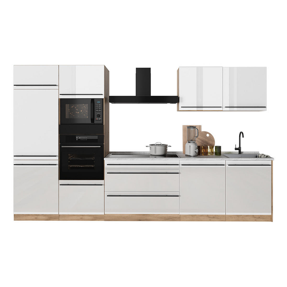 KUHINJA R-Line, Bela visok sijaj/Zlati hrast z močjo, 340 cm pracovní deska Antracit - barve hrasta/bela, leseni material (340/206.8/60cm) - Vicco