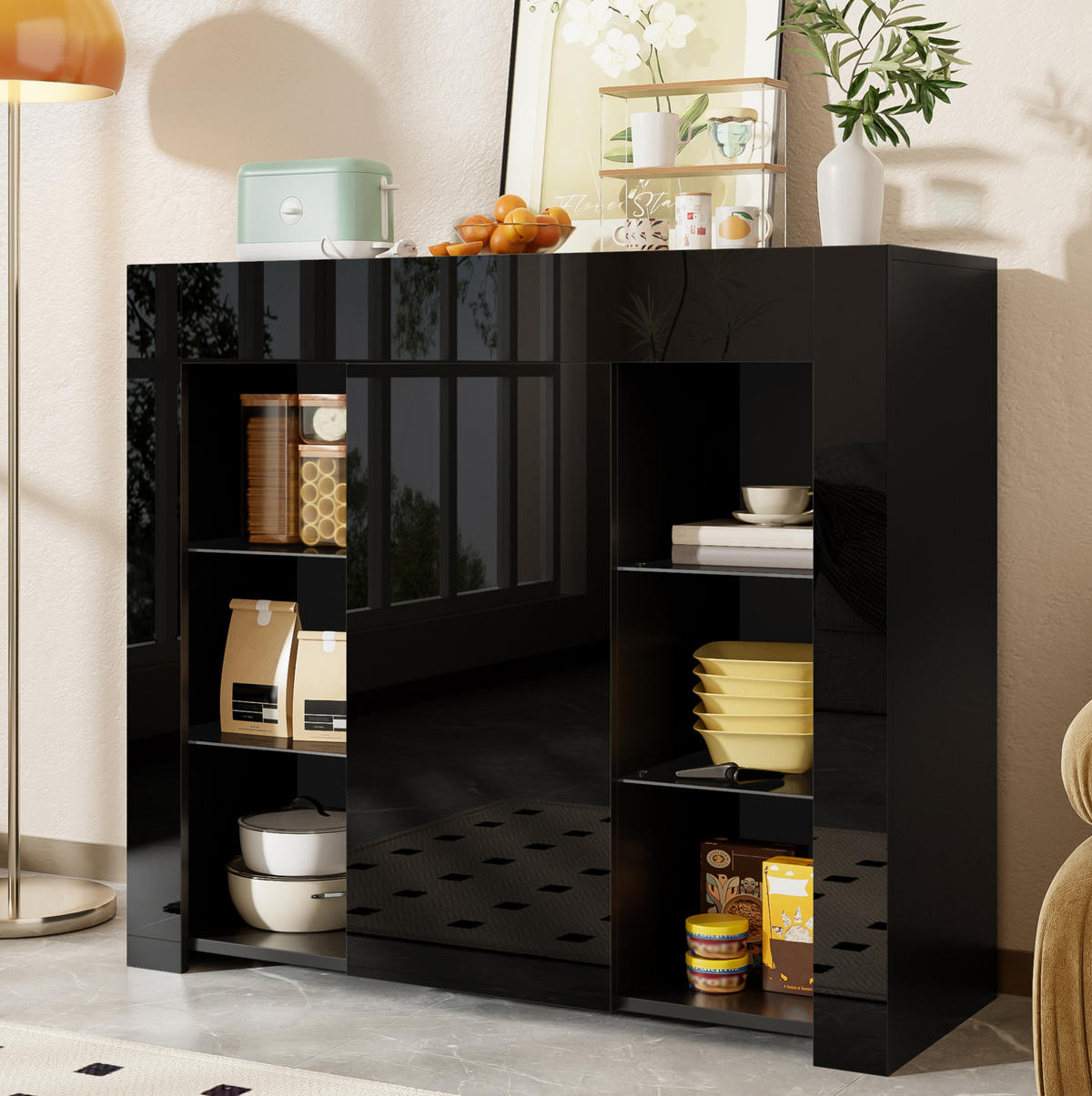 SIDEBOARD 95/35/83 cm aus Spanplatte mit Hochglanz-Front und Glasregalen Schwarz - Schwarz, Holzwerkstoff (95/83/35cm) - Modenvie