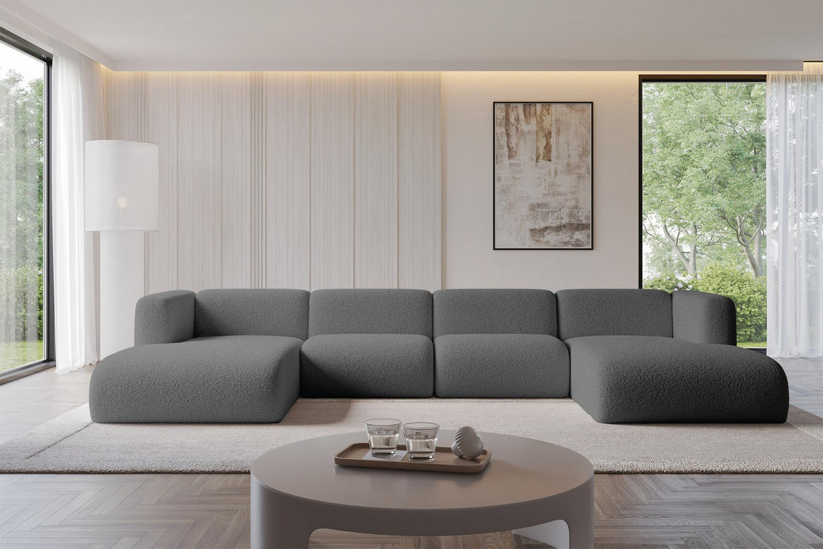 WOHNLANDSCHAFT MIRA-U2 408x179x70 Grau Bouclé - Platinfarben/Schwarz, Holzwerkstoff/Kunststoff (408/70/179cm) - ALTDECOR