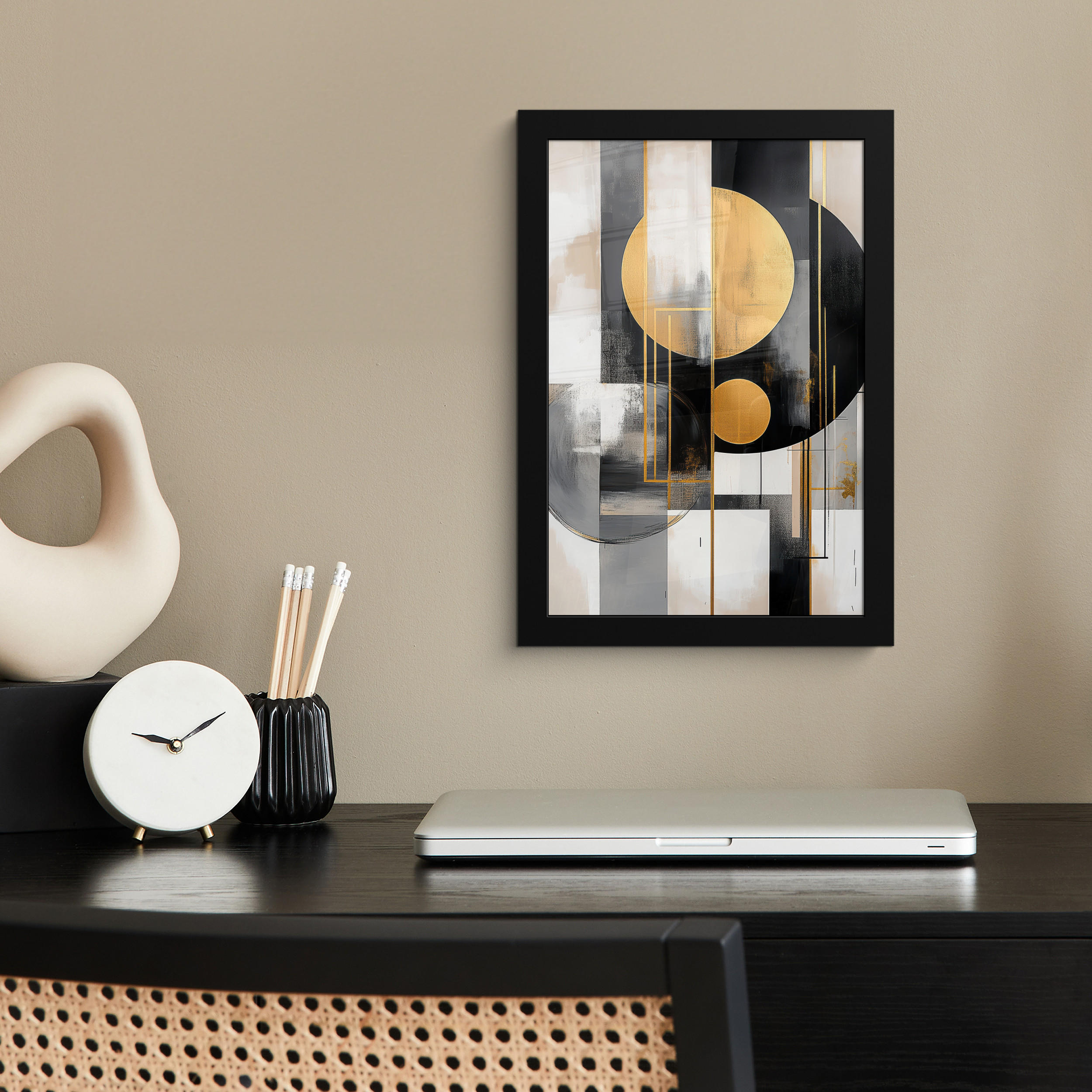 GERAHMTES BILD Abstrakt - Gold - Silber - Formen - Ästhetisch - Modern 20x30 cm - Goldfarben, Papier (20/30cm) - MuchoWow