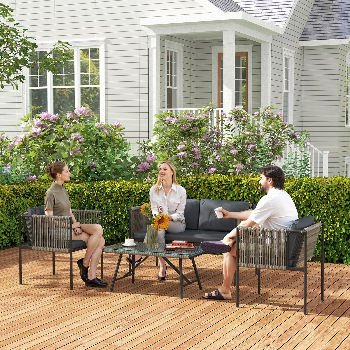 GARTENMÖBEL-SET DE-06725 4-teilig mit Glasplatte Grau - Grau, Kunststoff/Metall - ComfortXL