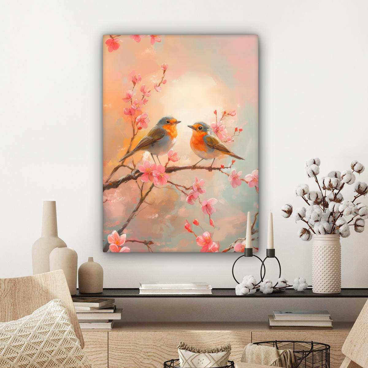 LEINWANDBILD Rotkehlchen - Zierpflanze - Blütenzweig Wandbild Wohnzimmer 60x80 cm - Hellrosa, Textil (60/80cm) - MuchoWow
