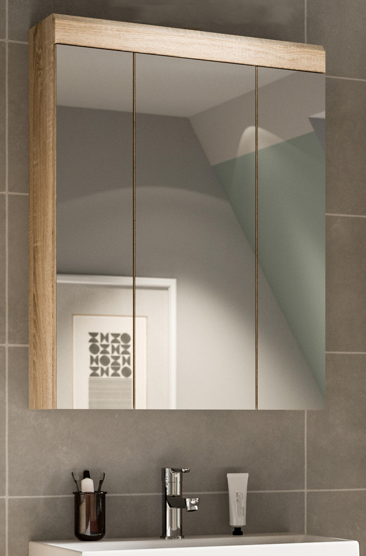 SPIEGELSCHRANK Sonoma Eiche 60 cm, Badschrank 3-türig - Eichefarben, Holzwerkstoff/Metall (60/79/18cm) - Inn.Furn