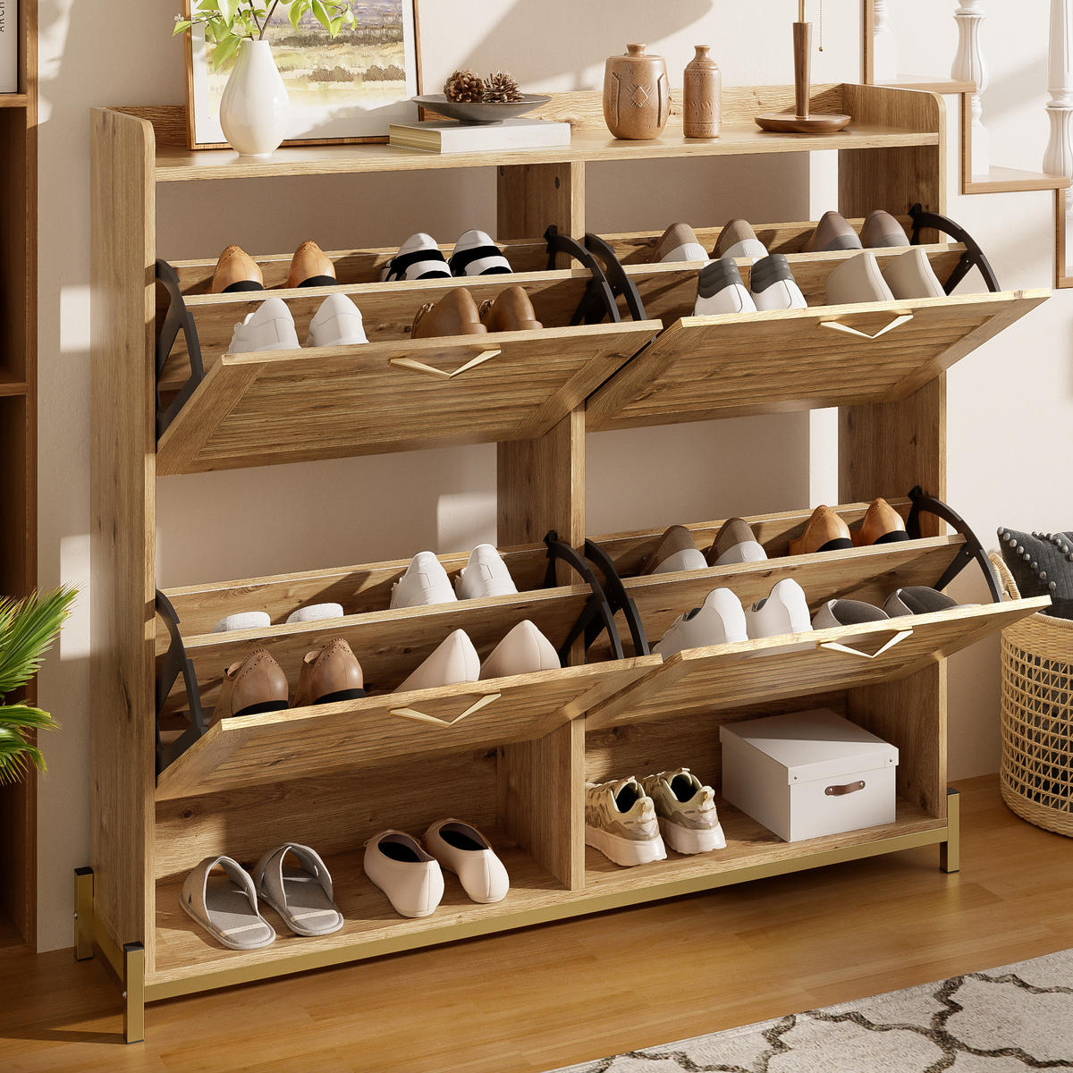 SCHUHSCHRANK aus MDF 108,5x24x100cm in Naturfarben mit 4 Türen - Naturfarben, Holzwerkstoff (108.5/100/24cm) - Modfu
