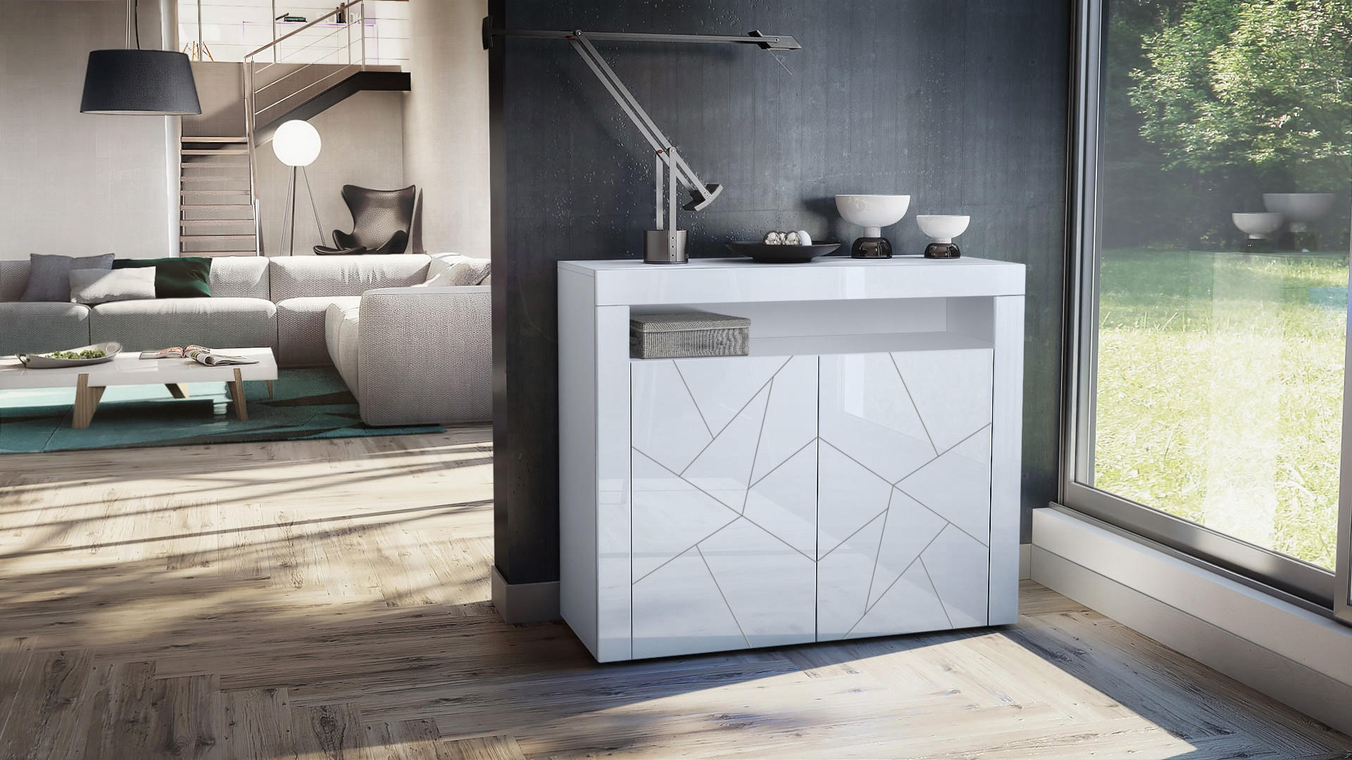 SIDEBOARD Valencia Fronten in Weiß Hochglanz Element mit 3D Struktur - Opal, Holzwerkstoff (155/46/40cm) - Vladon