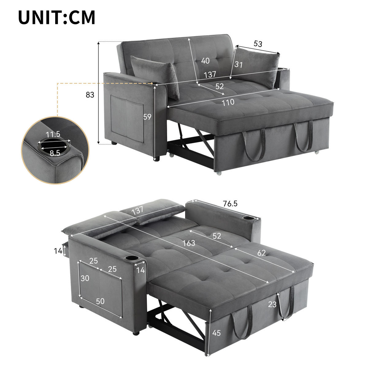 KLAPPSOFA Multifunktion mit Getränkehalter & Kissen Schlaffunktion Grau - Grau, Holz (110/25/68cm) - FLIEKS