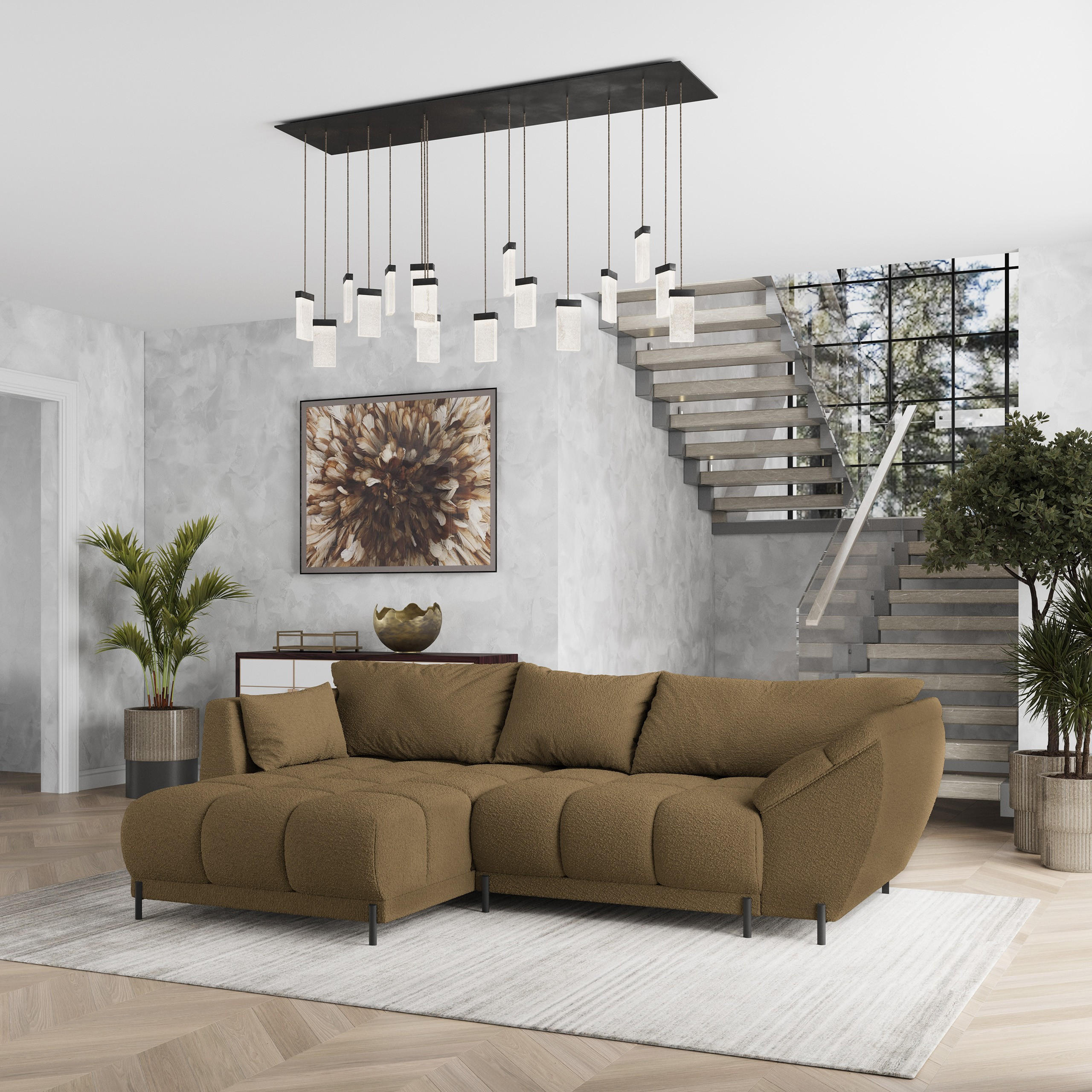 ECKSOFA VESTANO L-S Orange Boucle-Stoff mit Schlaffunktion - Orange, Holz (287/182cm) - MASSENO