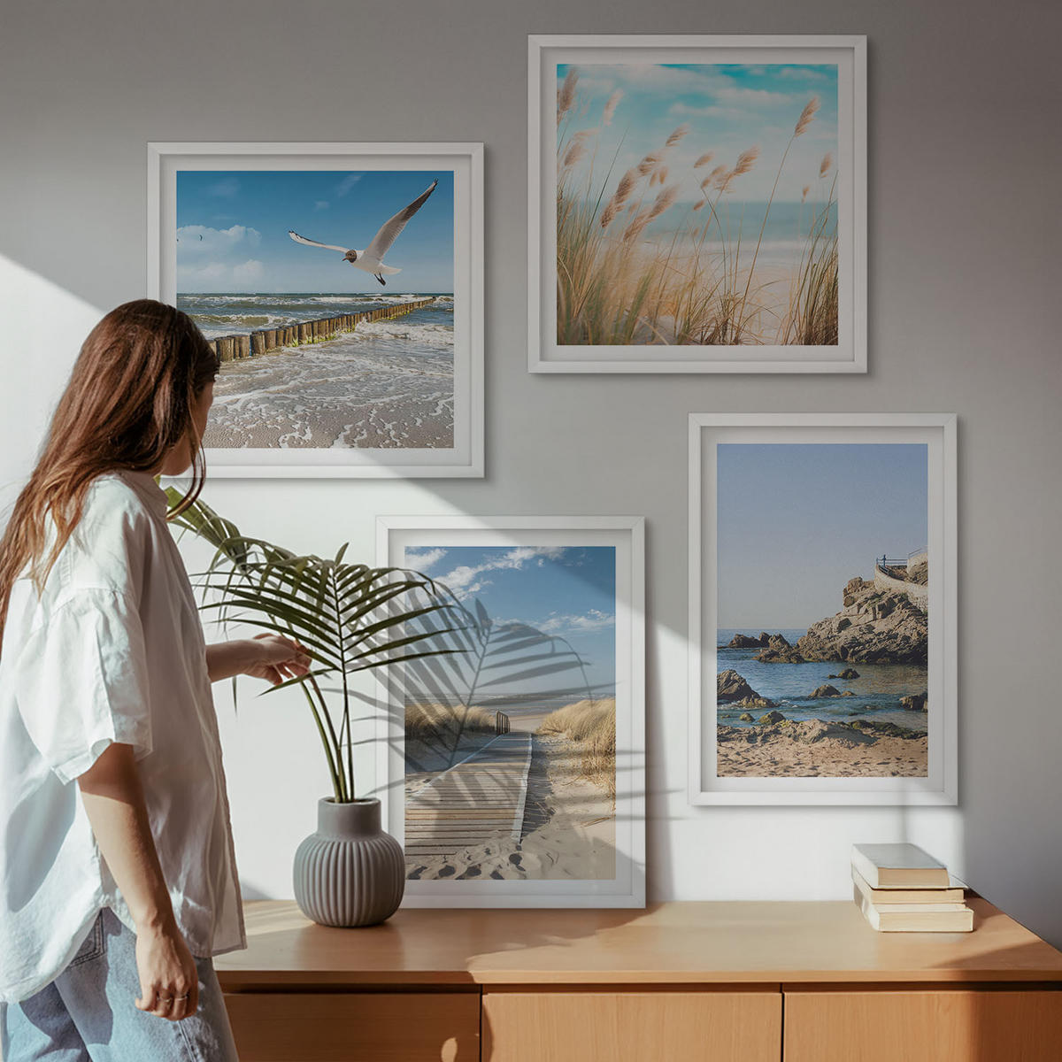 WANDBILDER 4er-Set - 50x50 cm & 40x60 cm Weißer Rahmen - Strand Holzsteg Klippen - Weiß, Kunststoff (50/50cm) - ArtPrintCave