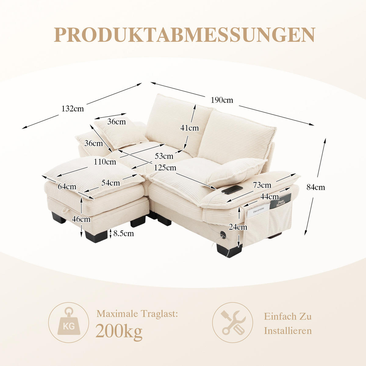 2-SITZER Sofa aus Corduroy 190x132x84 cm in Beige mit Hocker & USB-C - Beige, Textil (132/84/190cm) - Modfu