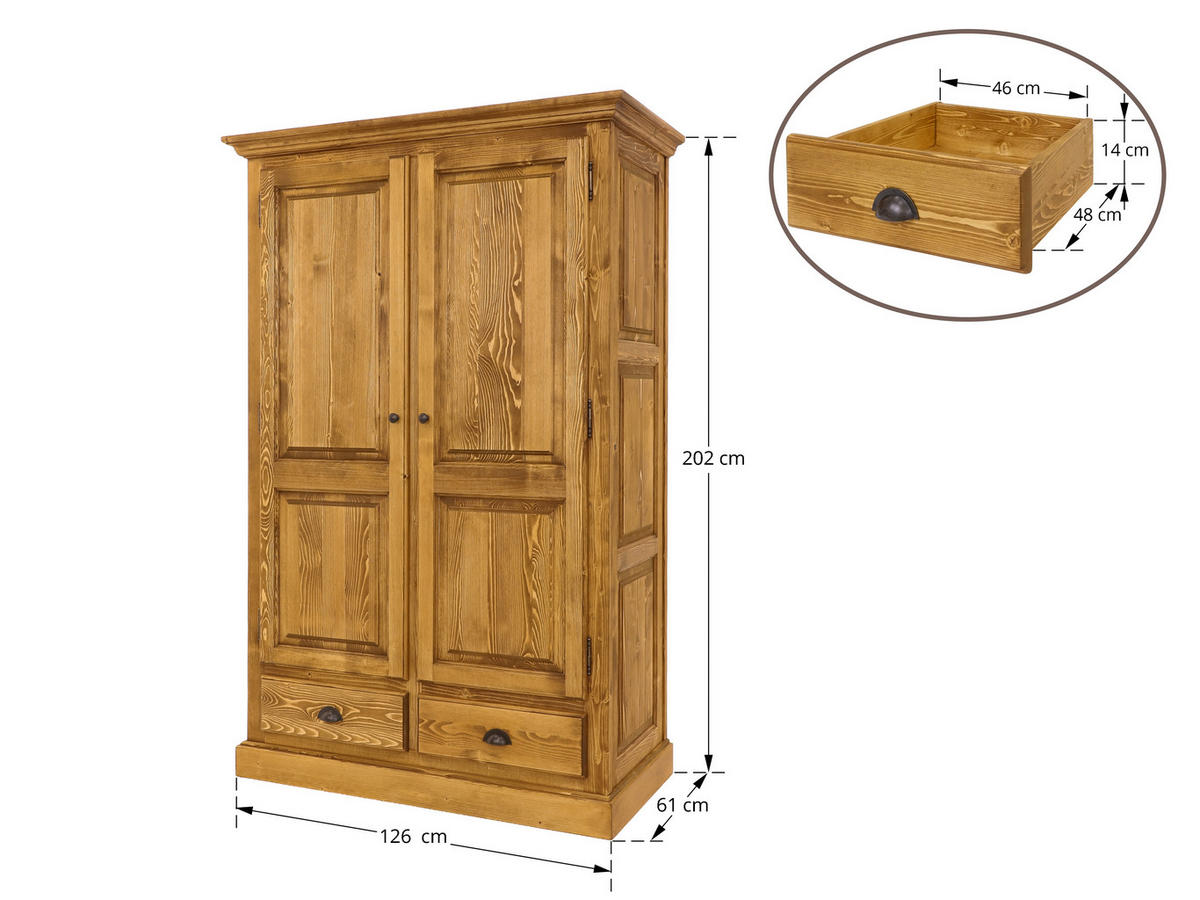 KLEIDERSCHRANK aus Massivholz CHARLOTTE 2 - Hellbraun, Holz (126/202/61cm) - Seart