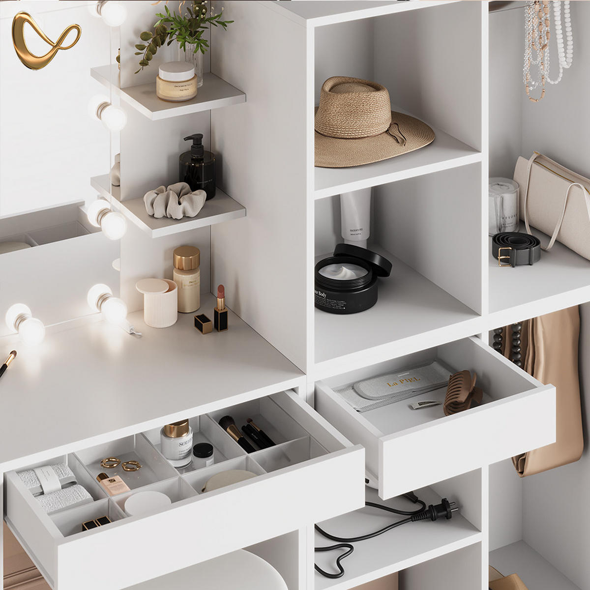 SCHMINKTISCH Nola Weiß 140 cm mit Hocker und Schrank - Weiß, Holzwerkstoff (140/140/40cm) - Livinity®