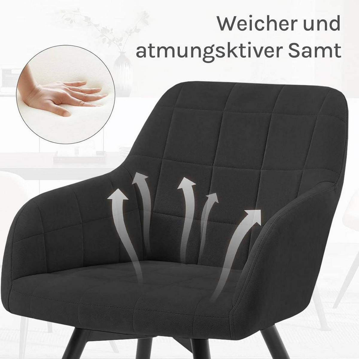 ESSZIMMERSTUHL drehbar, Samt, Schwarz - Schwarz, Textil/Metall (57/78/63cm) - Woltu