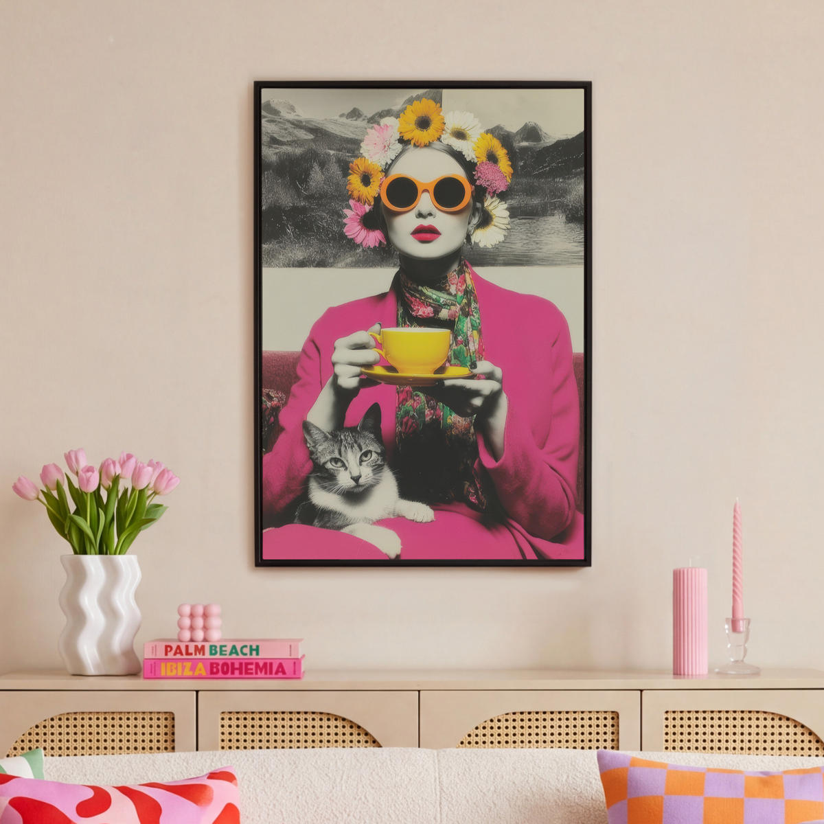 LEINWAND Bilder mit Rahmen - Frau - Katze - Blumen - Tasse - Retro - 60x90 - Magenta, Textil (60/90cm) - MuchoWow