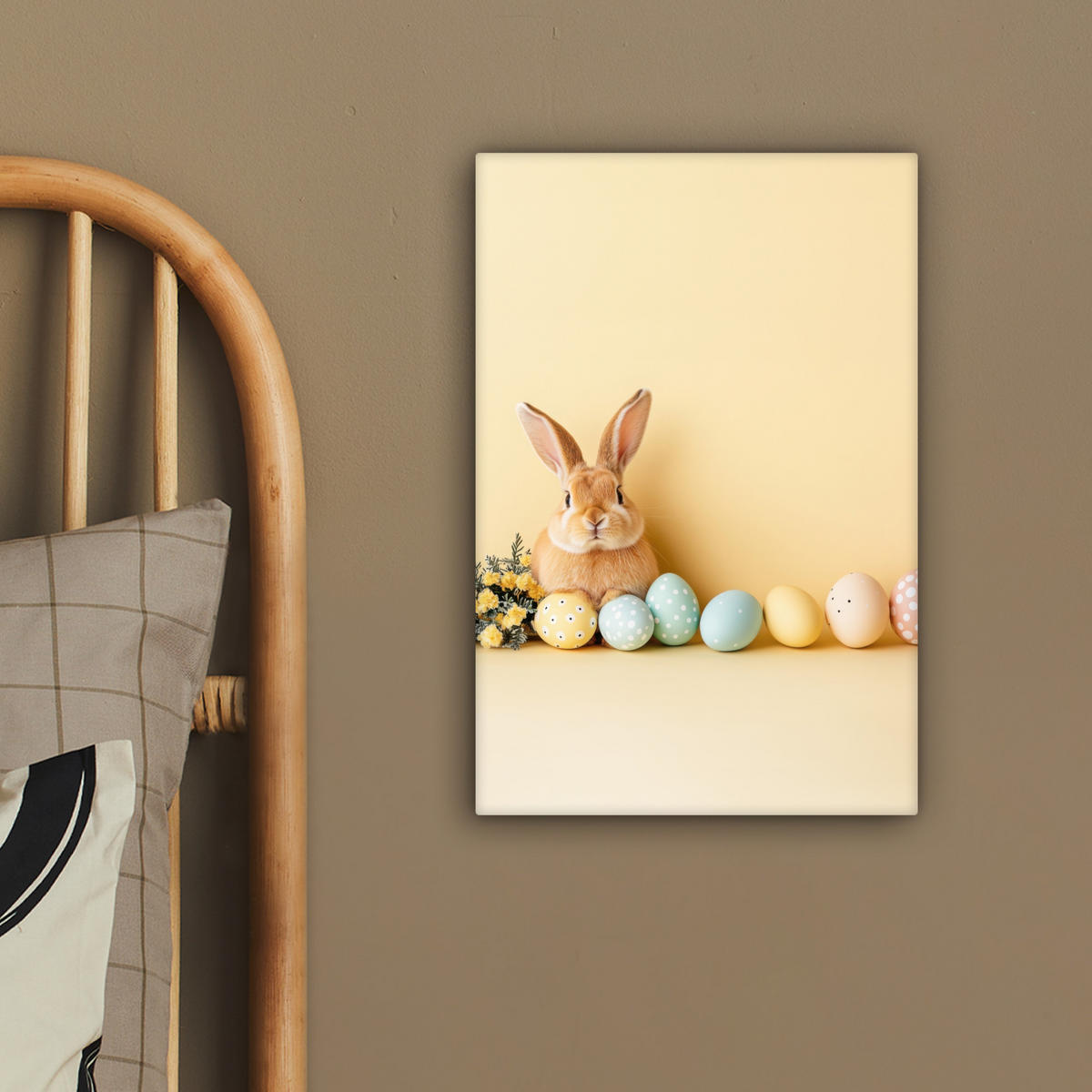 LEINWANDBILD Eier - Kaninchen - Pastellfarbtöne Deko Wohnzimmer 20x30 cm - Hellgelb, Textil (20/30cm) - MuchoWow