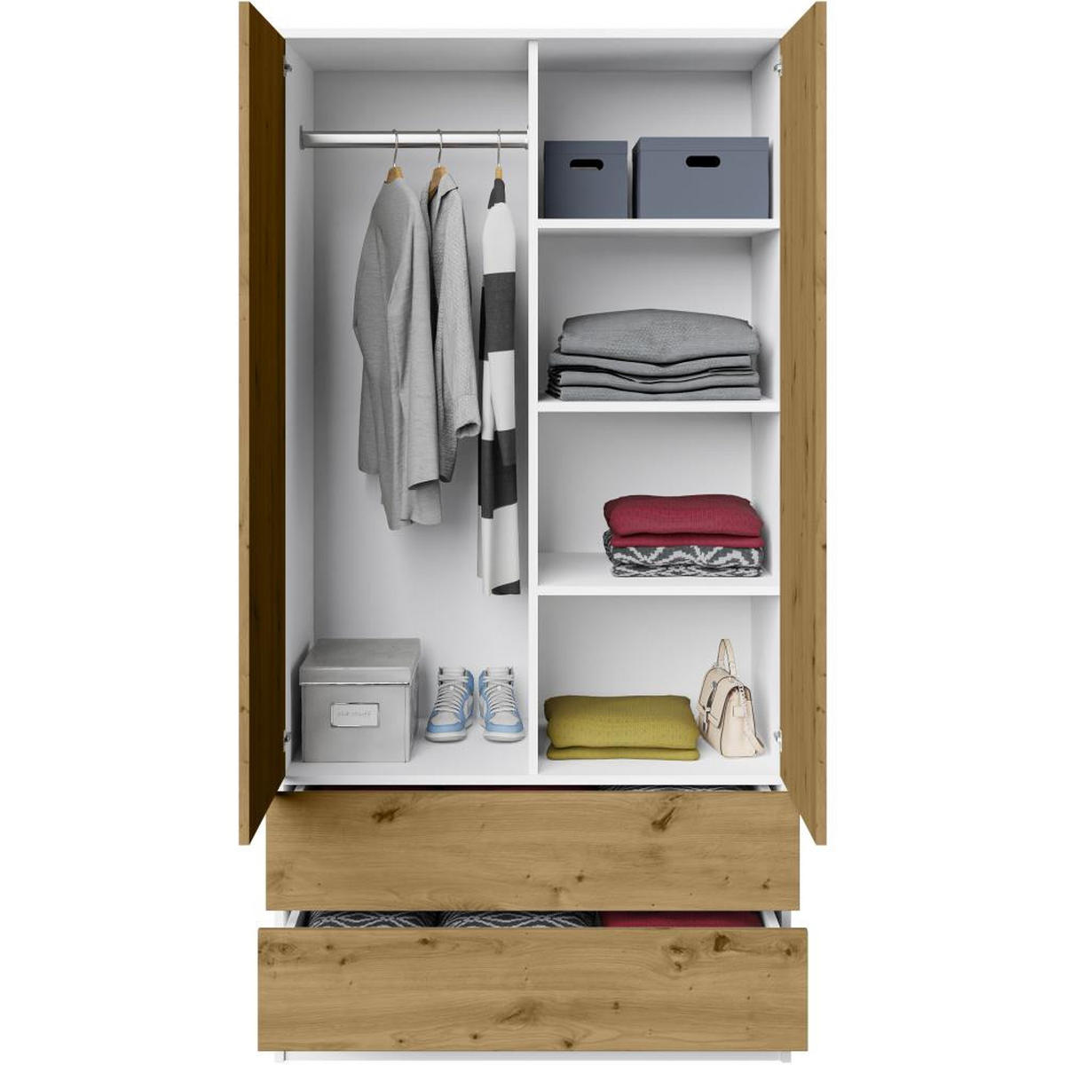 DREHTÜRENSCHRANK Look 90/180/50 cm 2-türig mit Schubladen weiß+eiche artisan - Weiß/Eiche Artisan, Holzwerkstoff (90/180/50cm) - Beautysofa