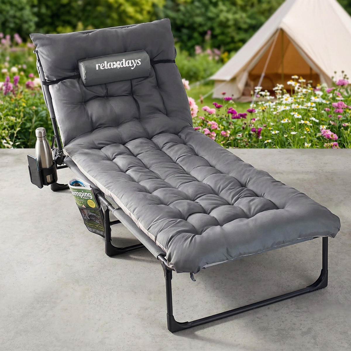 KEMPINGOVÉ lôžko - sivá, kov/textil - Relaxdays