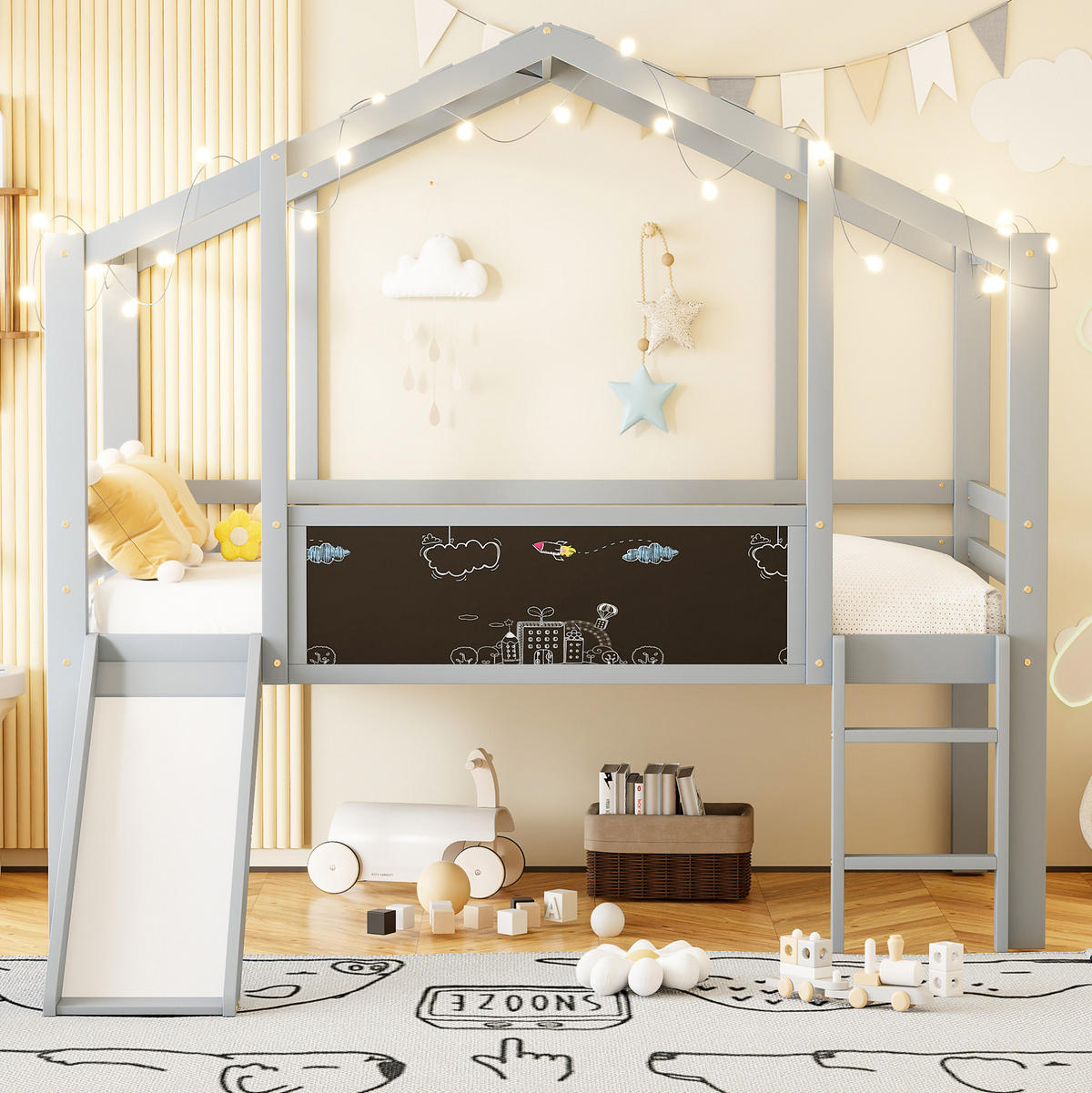 HAUSBETT 90/200 cm Grau aus Massivholz mit Rutsche und Tafel - Grau, Holz (90/200cm) - OKMYHOME