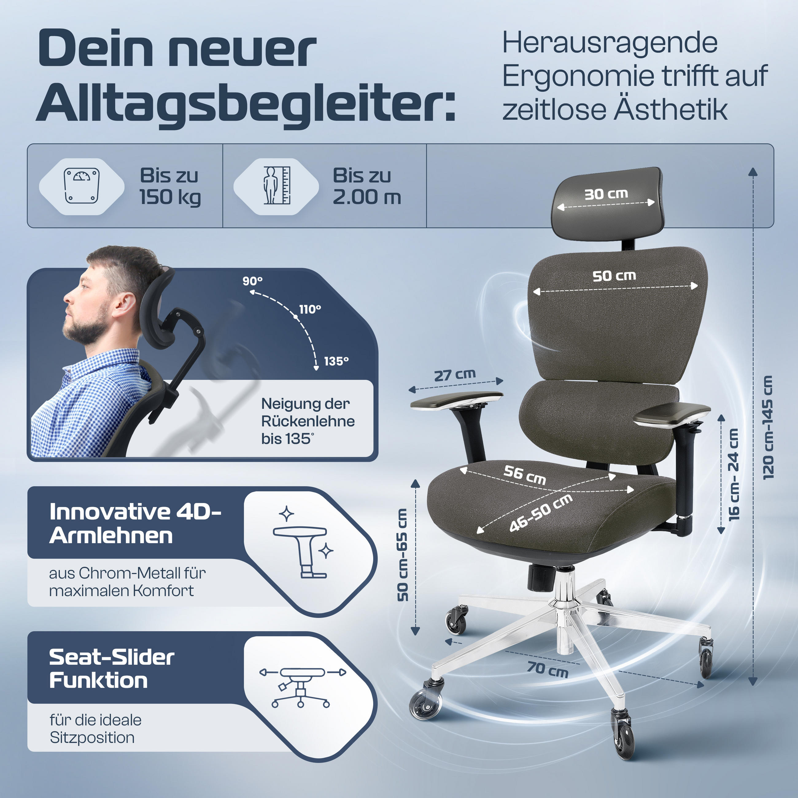 BÜROSTUHL ProSeat Anthrazit - Anthrazit/Silberfarben, Kunststoff/Textil (70/145/70cm) - Clouvou