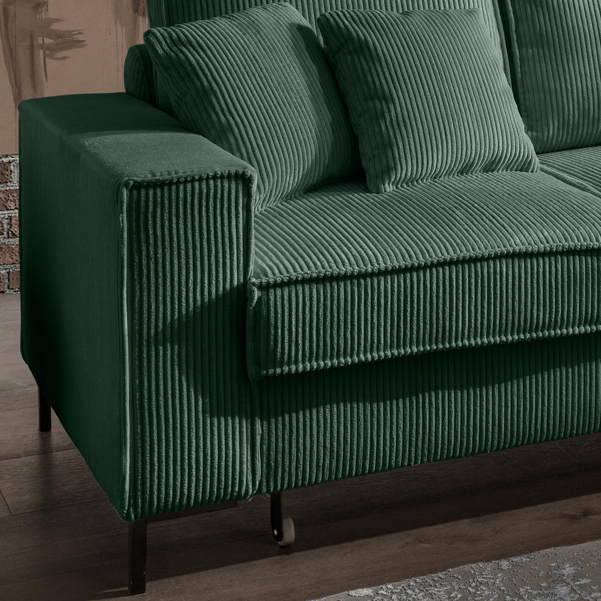 ECKSOFA mit Schlaffunktion, Bettkasten, Wellenunterfederung, Récamiere rechts B240/T150/H92 cm, Liegefl. 125x198 cm, Cord Grün / 17221 - Waldgrün/Schwarz, Textil/Metall (240/150cm) - luma-home