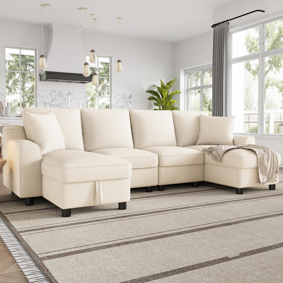 ECKSOFA U-Form 280/137/84 cm Beige mit 2 Chaiselongues als Ecksofa und aufklappbarem Stauraum - Beige, Textil (137/84/280cm) - Oxeza