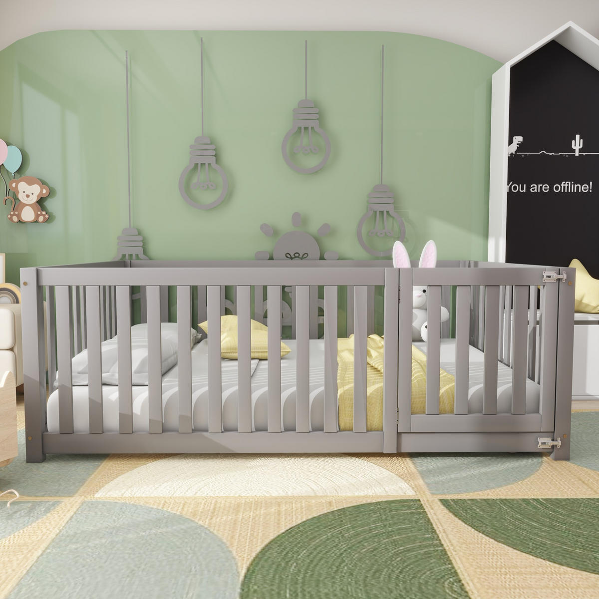 BETT 140/200 cm aus Massivholz Grau – Bodenbett mit Zaun und Tür - Grau, Holz (140/200cm) - BEAOK