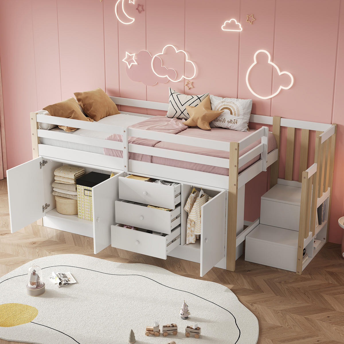 KINDERBETT 90x200cm Weiß Mit Treppe Schubladen & Schrank - Weiß, Holzwerkstoff (90/200cm) - FLIEKS