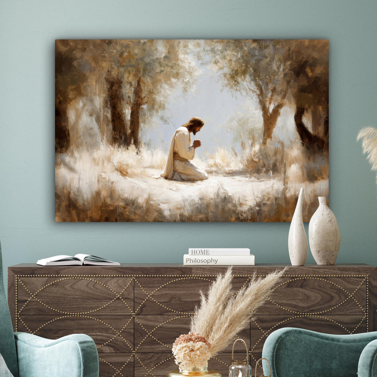 LEINWANDBILD Jesus - Kniend - Waldlandschaft - Betend Wohnzimmer Groß 120x80 cm - Beige/Hellblau, Textil (120/80cm) - MuchoWow