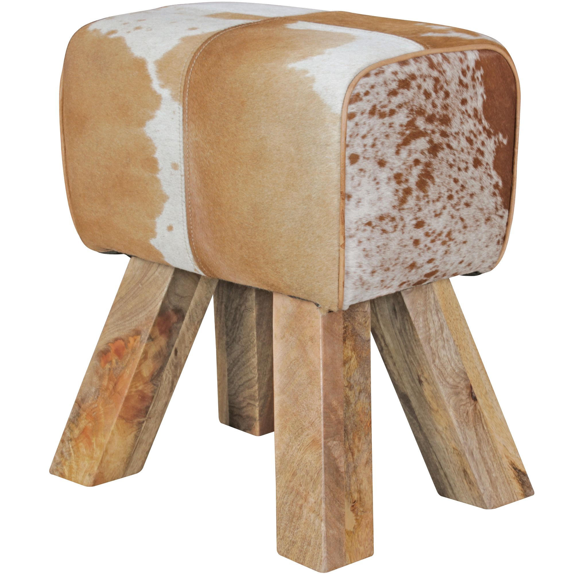 SITZHOCKER – Ziegenfell, 40x30x47 cm, Turnbock-Design, Braun/Weiß - Beige/Multicolor, Leder/Holz (40/47/30cm) - KADIMA DESIGN