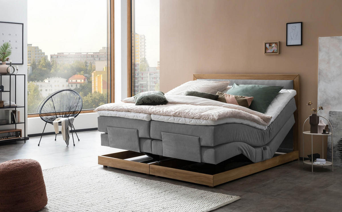 BOXSPRINGBETT ELEKTRISCH VERSTELLBAR MODELA 180x200 Hellgrau H2 und H3 Motorbett in Eiche mit 7-Zonen Taschenfederkern Matratze inkl. Visco Topper - Hellgrau, Textil (180/200cm) - Belanoti