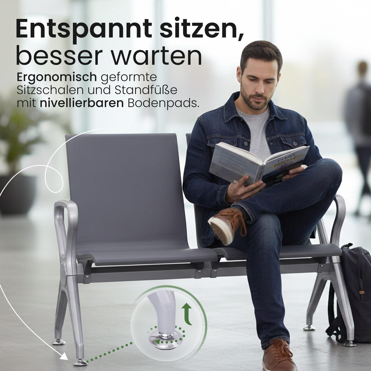 WARTEBANK Kunststoff Grau - Grau, Kunststoff/Metall (338/89/59cm) - CLP