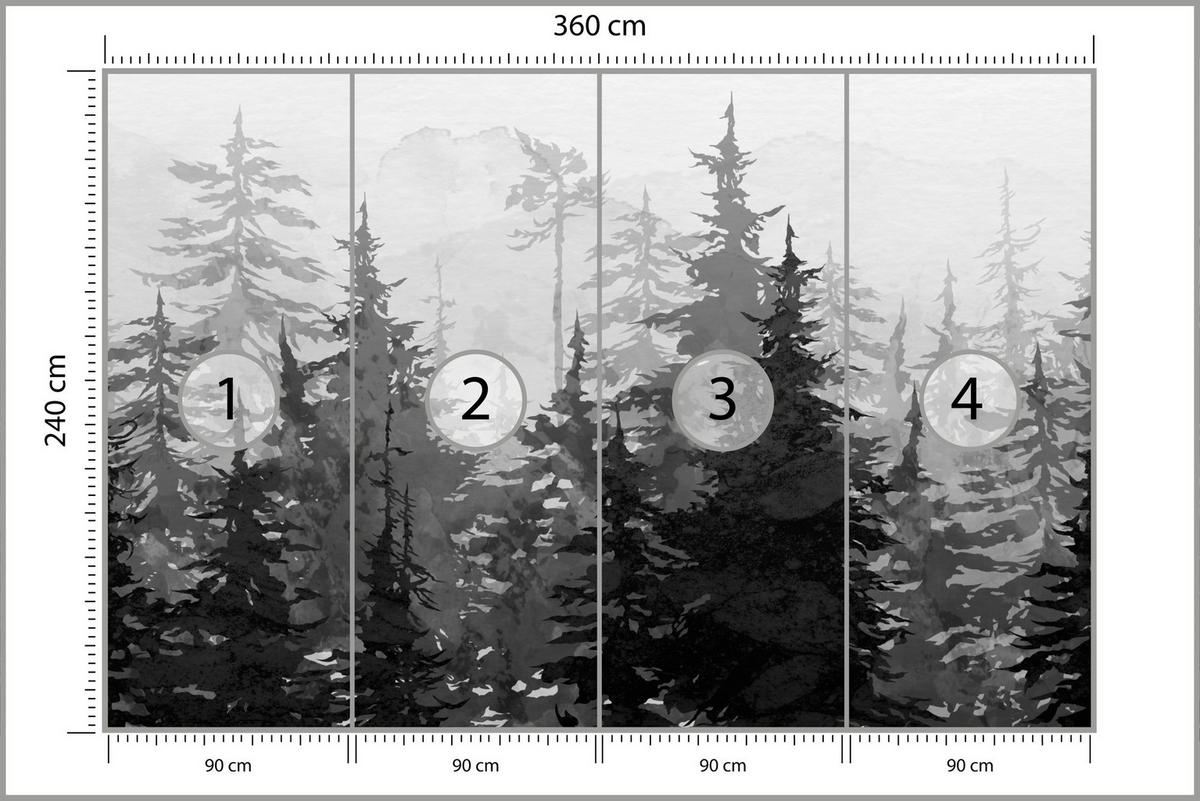 FOTOTAPETE Schwarz-Weiß WALD Bäume Natur 360x240cm - Schwarz/Weiß, Papier (360/240cm) - Muralo