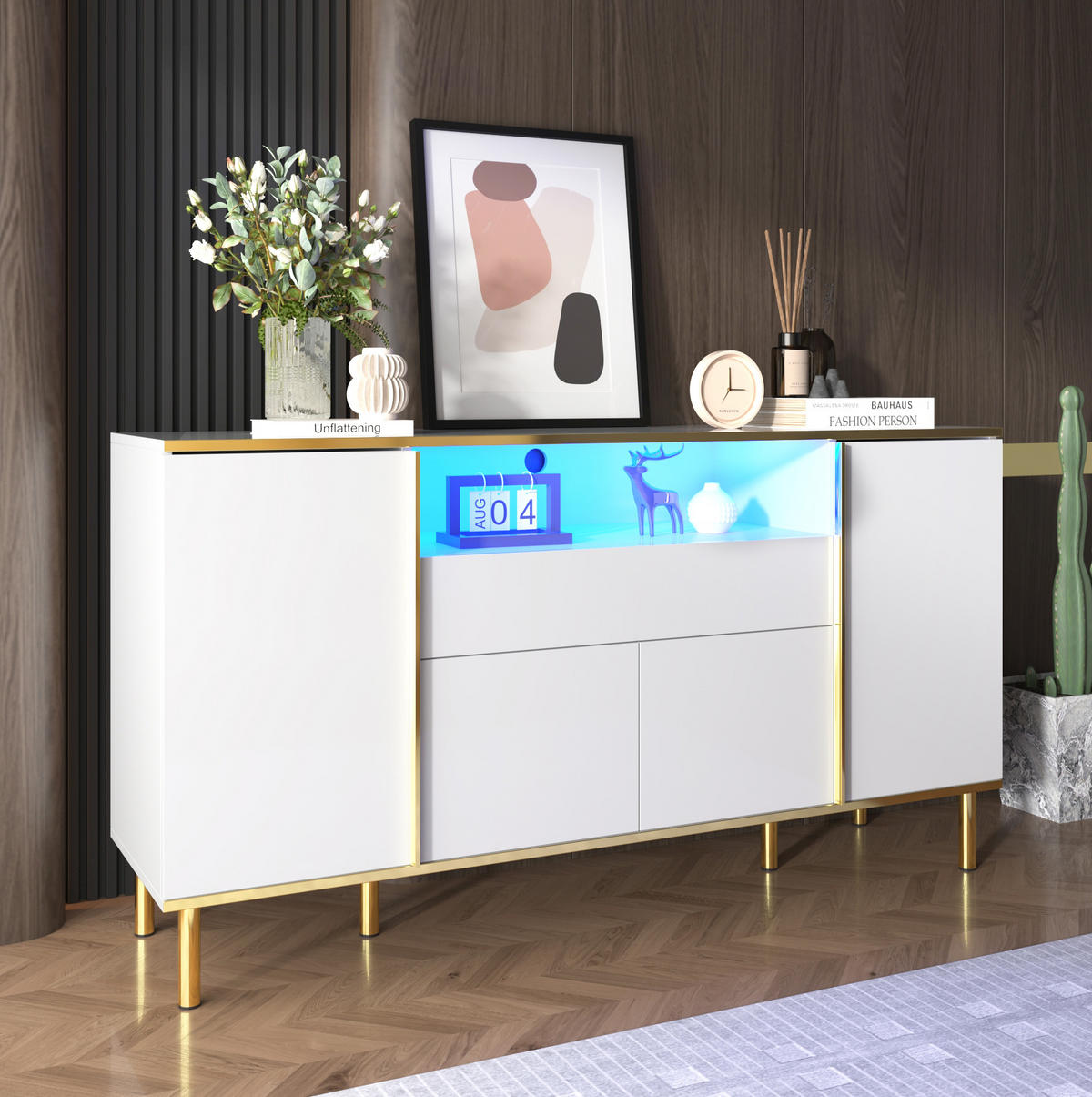 SIDEBOARD aus MDF/Spanplatte in Weiß Hochglanz mit LED, 4 Türen und Schublade, 150/40/80 cm, Weiß - Weiß, Holzwerkstoff (40/80/150cm) - Redom