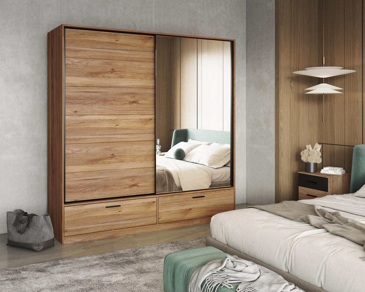 SCHWEBETÜRENSCHRANK BETTINA 180/209/61 cm 2-türig mit Spiegel Eiche Mauvella - Eichefarben, Holzwerkstoff (180/209/61cm) - MASSENO