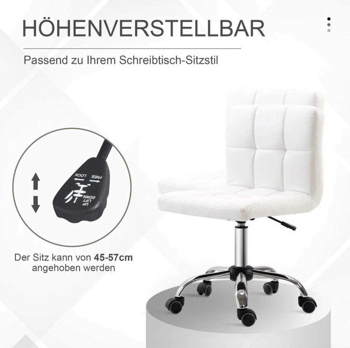 DREHSTUHL in Weiß höhenverstellbar mit Kunstleder und 5 Rollen,51/92/46 cm - Weiß, Kunststoff (46/92/51cm) - Flora Grace