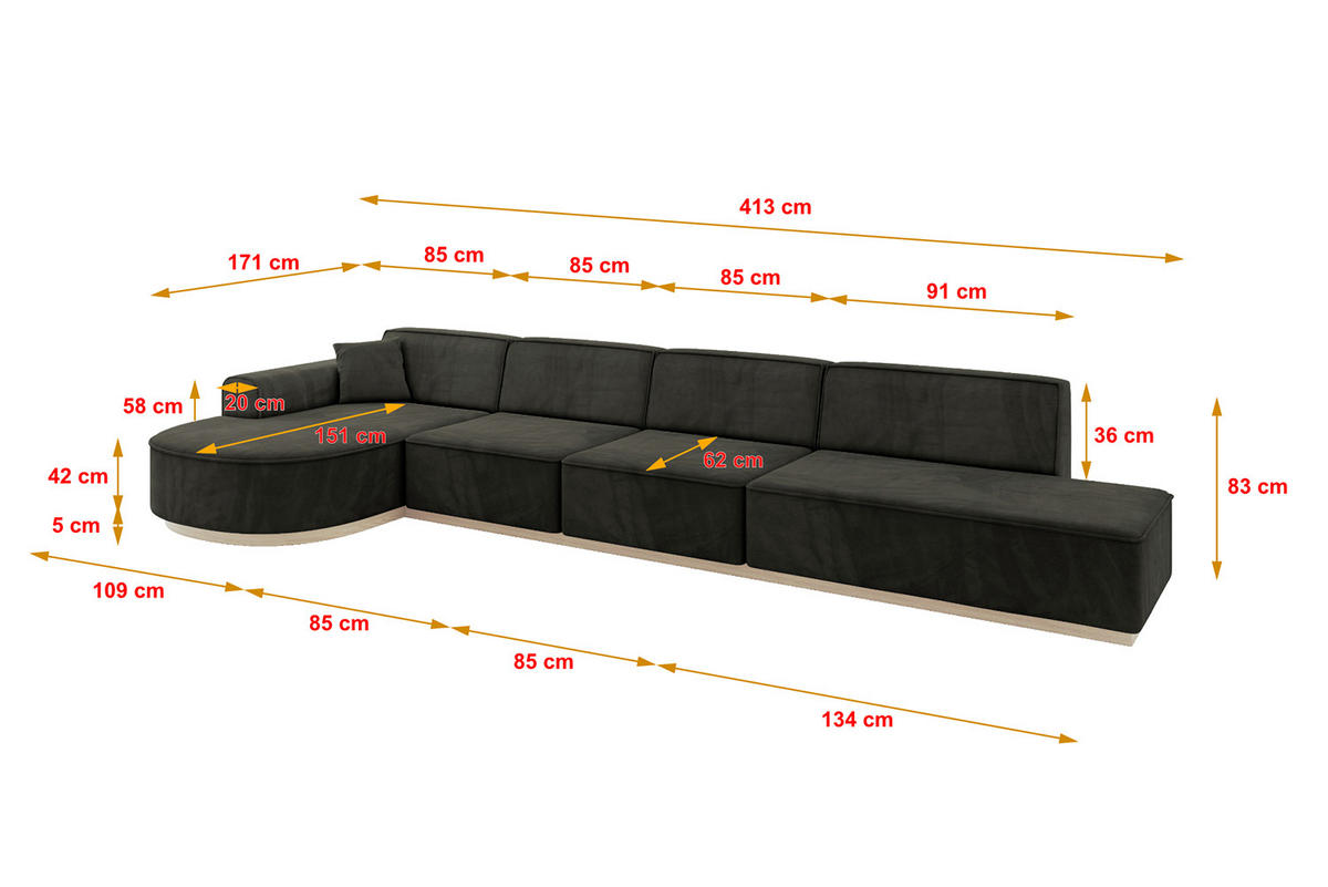 ECKSOFA Ottomane Links ARRIO-L3 - 413x171x83 cm Schwarz - Schwarz, Holzwerkstoff/Textil (413/171cm) - ALTDECOR
