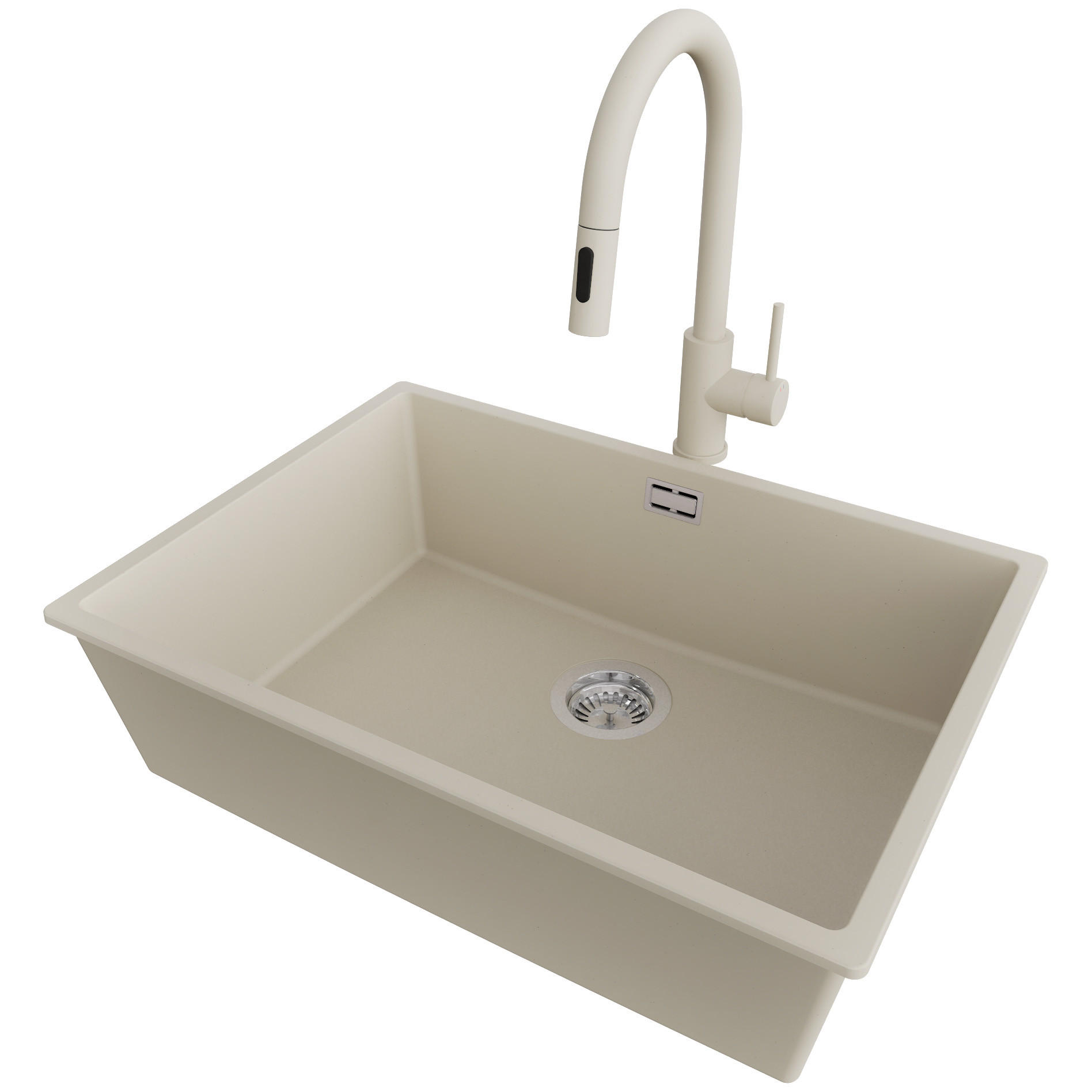 UNTERBAUSPÜLE GRANIT London, 2-er set Beige 66/47 cm 1 Becken + Küchenarmatur 40/20 cm + Ablauf-Set ab 70er Unterschrank - Chromfarben/Beige, Kunststoff (66/20/47cm) - Primagran