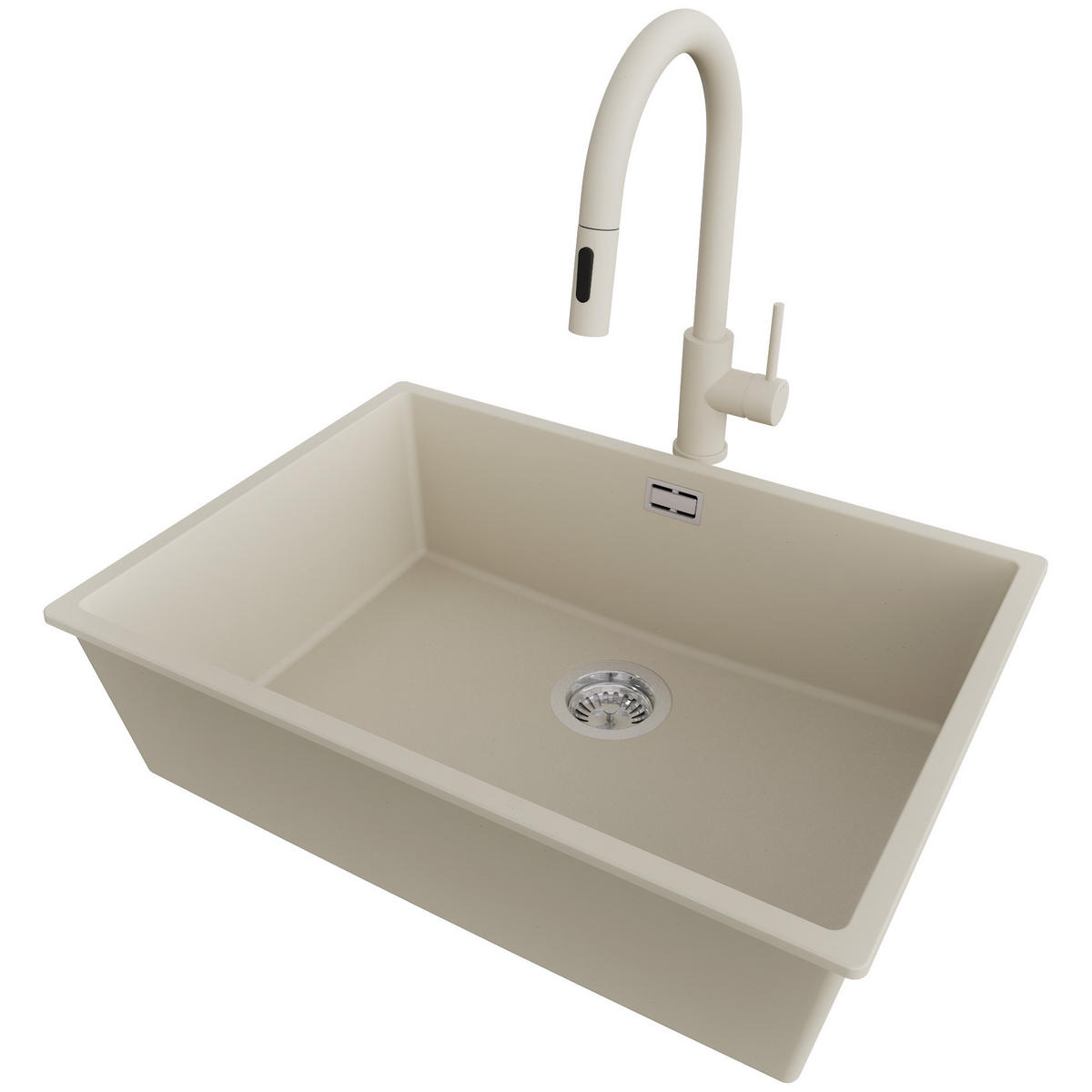 UNTERBAUSPÜLE GRANIT London, 2-er set Beige 66/47 cm 1 Becken + Küchenarmatur 40/20 cm + Ablauf-Set ab 70er Unterschrank - Chromfarben/Beige, Kunststoff (66/20/47cm) - Primagran